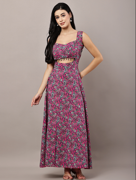 Women's Pink Paisley Print Maxi Dress with Lace-Up Back and Smocking